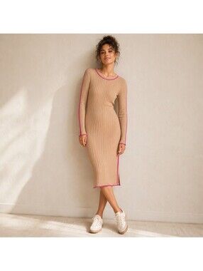 Anthropologie Daily Practice Sporty Ribbed Sweater Dress | Tan & Pink | Size L